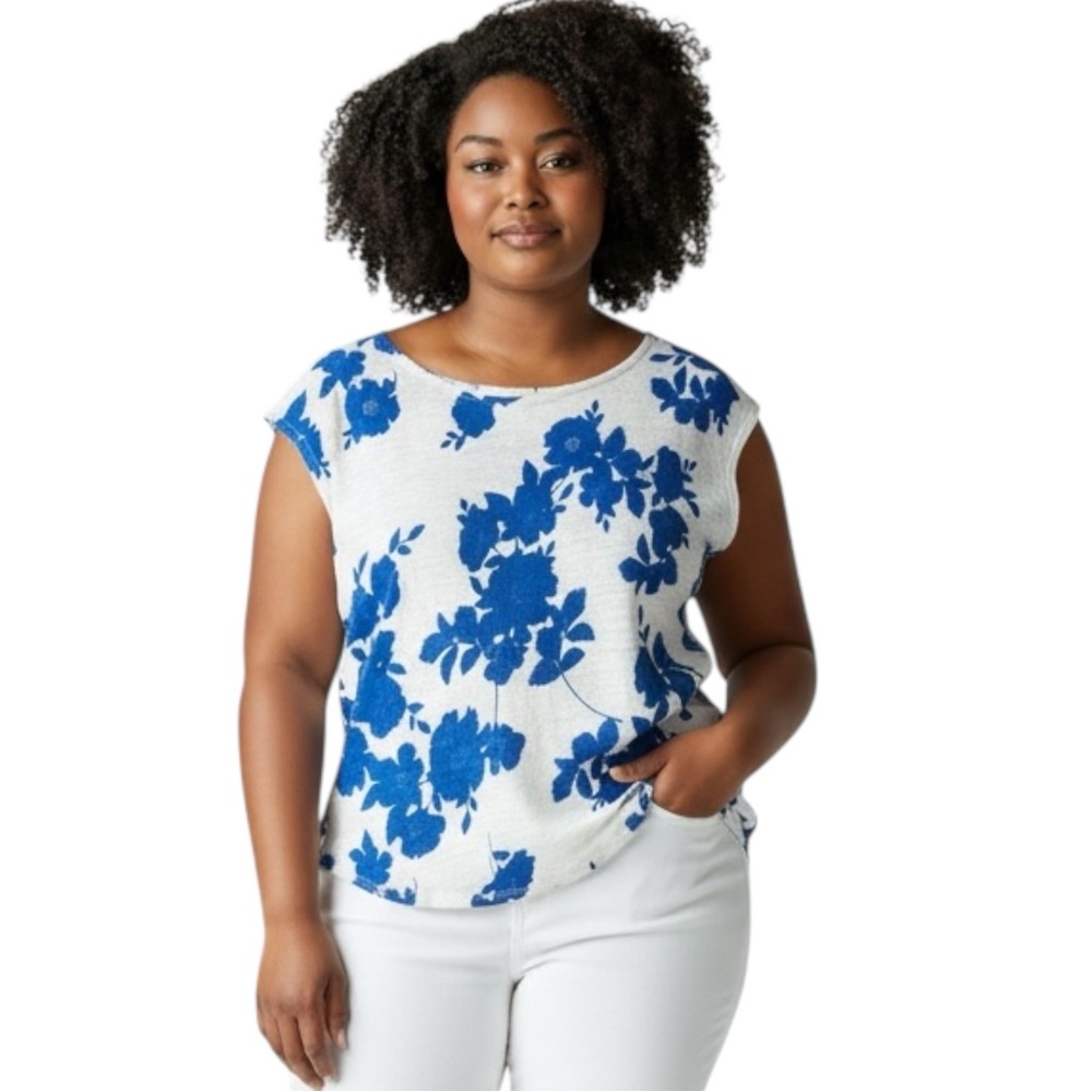 CYNTHIA ROWLEY 100% Linen Cap Sleeve Floral Top in Blue/White Size - Picture 2 of 9